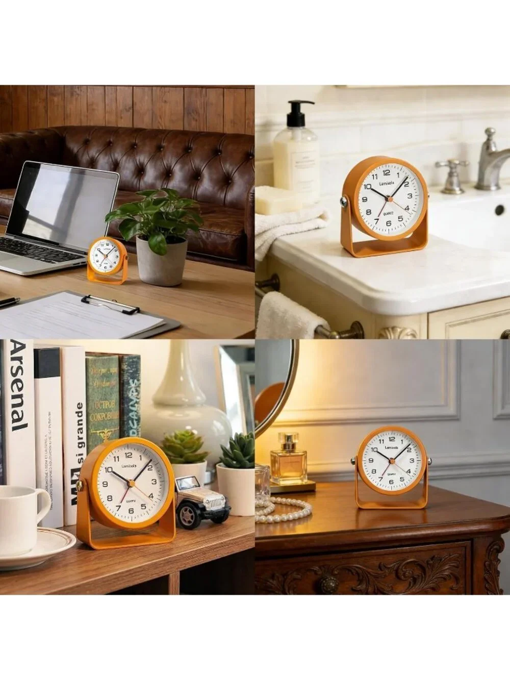 Home Orange Analog Quartz Battery Vintage Operated Silent Small Desk Alarm Clock